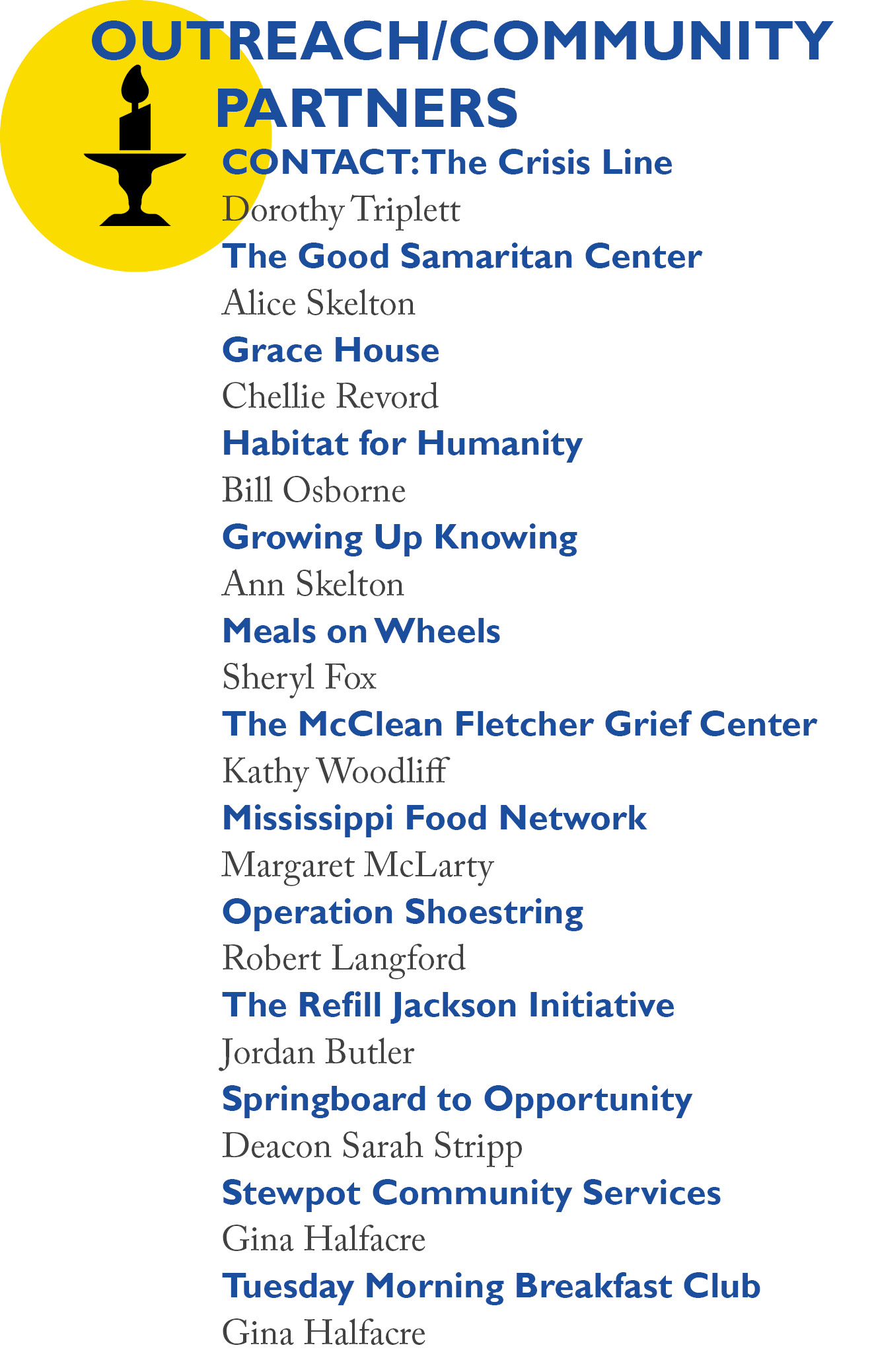 Outreach/Community Partners: CONTACT: The Crisis Line  Dorothy Triplett The Good Samaritan Center Ann Skelton Grace House Chellie Revord Habitat for Humanity Bill Osborne Growing Up Knowing  Ann Skelton Meals on Wheels  Sheryl Fox The McClean Fletcher Grief Center Kathy Woodliff Mississippi Food Network Margaret McLarty Operation Shoestring Robert Langford The Refill Jackson Initiative  Jordan Butler Springboard to Opportunity Deacon Sarah Stripp Stewpot Community Services Gina Halfacre Tuesday Morning Breakfast Club Gina Halfacre